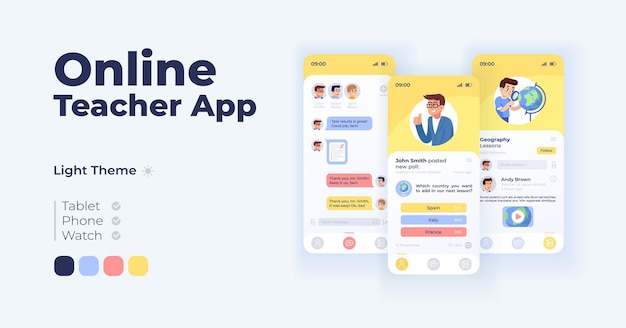 Online teacher app cartoon smartphone interface vector templates set. Mobile app screen page day mode design. Latest posts and lesson updates UI for application. Phone display with flat character