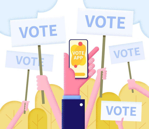 Online voting concept flat illustration with voters' hands