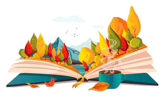 Vector open book autumn nature inside imagination fantasy magic in literature concept season fairy tale storybook textbook lake forest landscape picture leaves cup of tea vector illustration