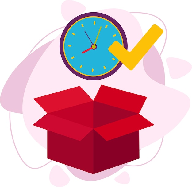 An open box and a watch. A check mark about the order completion. Shipment of cargo on time. Flat vector illustration.