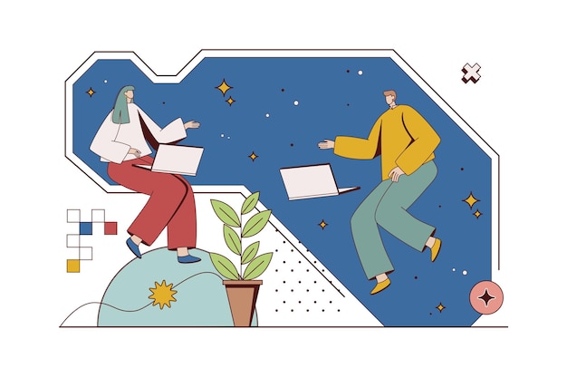 Vector open space concept with character situation in flat design woman and man working on laptops communicate and doing project tasks in coworking office vector illustration with people scene for web