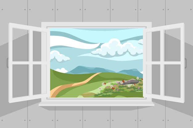 Vector open window with beautiful summer landscape. vector illustration