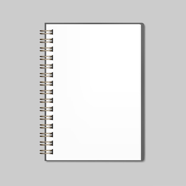 Open wire bound notebook vector mockup Golden metal spiral notepad with white blank page mockup