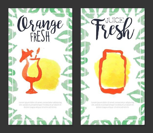 Orange Fresh Juice Banner Template Set Sweet Tropical Fruits Natural Drink Labels Watercolor Vertical Hand Drawn Vector Illustration