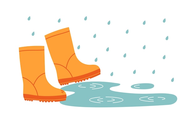 Vector orange rubber boots autumn or spring rainy weather and puddle flat vector isolated illustration