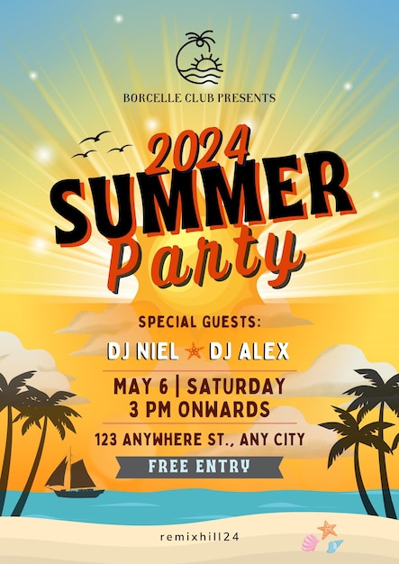 Vector orange yellow and blue tropical summer party flyer