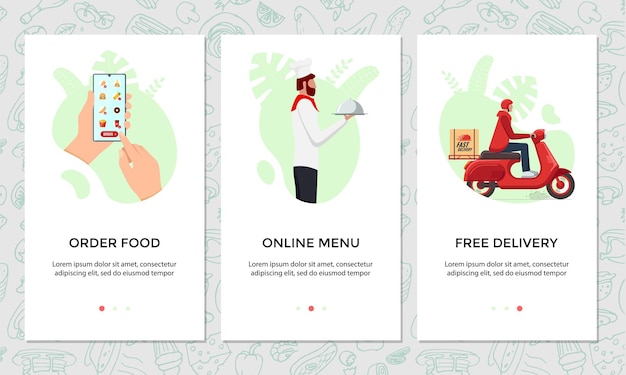 Vector order food online mobile app banner set. chooses dish on smartphone screen template. chef cooked food and express free scooter delivery from restaurant service concept. product shipping illustration