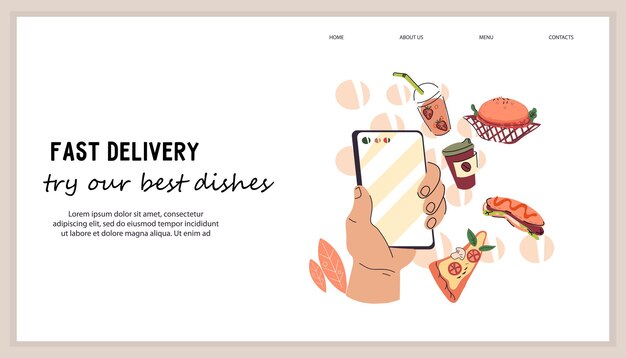 Ordering take away food and ready meals online concept for web page template flat vector illustration Ready meals service advertising webpage