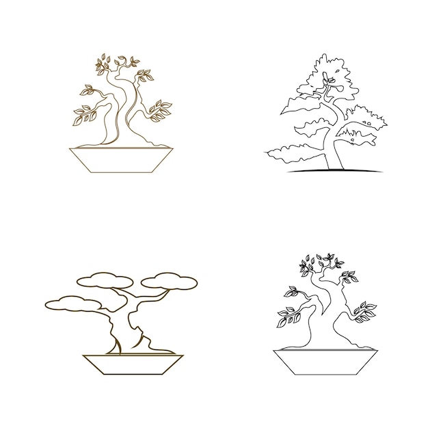 Vector oriental bonsai art japanese mini small plant tree on pot silhouette logo design vector