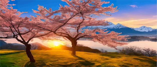 Vector 丘の太陽と山の桜の花を持つ東洋の春の背景日本庭園