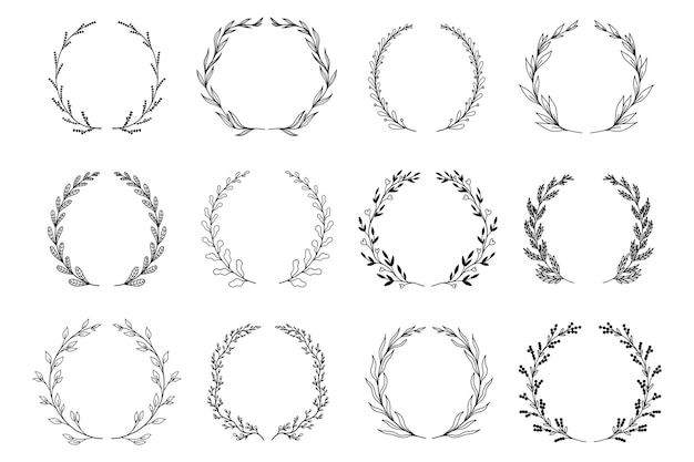 Ornamental branch wreathes set in hand drawn design Laurel leaves wreath and decorative branch