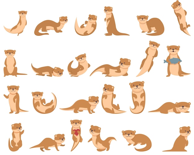 Otter icons set cartoon vector European animal Aquatic tail