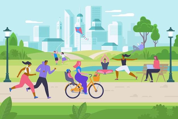 Vector outdoor activities flat vector illustration. happy men, women and kids in city park cartoon characters. children playing with kite, people do fitness and yoga. jogging, cycling and internet surfing