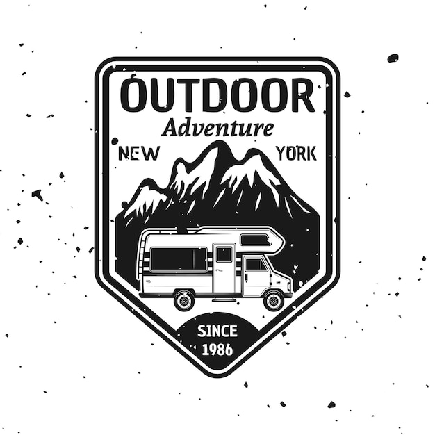 Outdoor camping vector monochrome emblem, label, badge, sticker or logo with camper van and mountains isolated on textured background