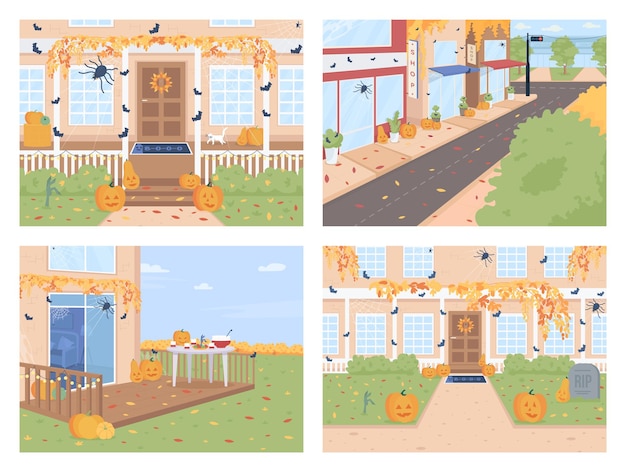 Vector outdoor halloween decorations flat color vector illustration set. home porch with decorations. fall holiday. autumnal festive 2d cartoon scenery with house outdoors on background collection