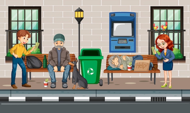 Outdoor scene with homeless people