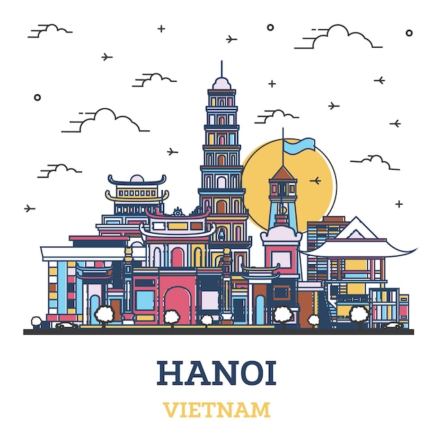 Vector outline hanoi vietnam city skyline with colored historic buildings isolated on white