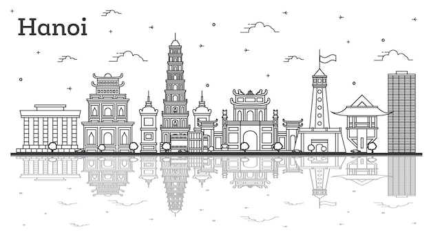 Vector outline hanoi vietnam city skyline with modern buildings and reflections isolated on white vector illustration hanoi cityscape with landmarks