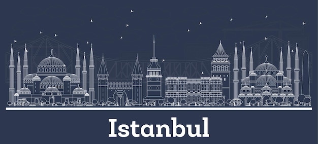 Outline Istanbul Turkey City Skyline with White Buildings. Vector Illustration. Business Travel and Tourism Concept with Historic Architecture. Istanbul Cityscape with Landmarks.