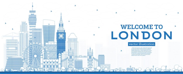 Vector outline welcome to london england skyline with blue buildings. london cityscape with landmarks.