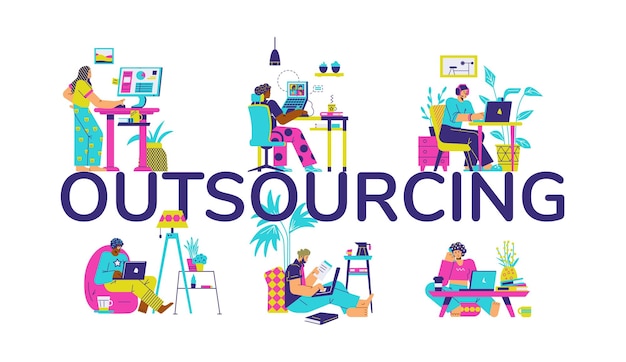 Outsourcing concepts with people working remotely flat vector isolated