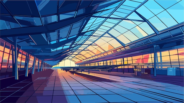 Vector a painting of an airport with a bright orange sunset