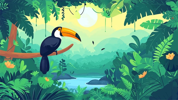 Vector a painting of a bird with a tropical forest in the background