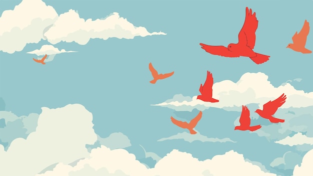 Vector a painting of birds flying in the sky with clouds in the background