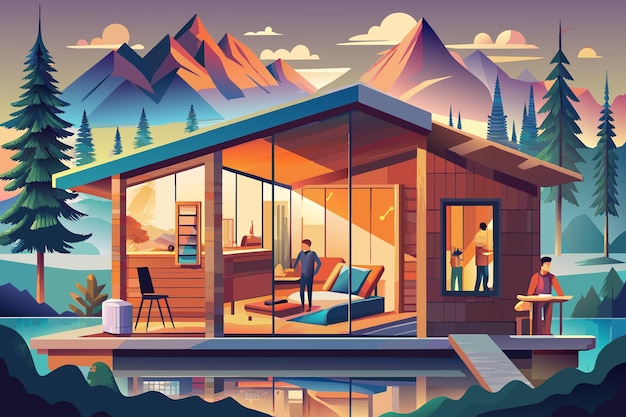 Vector a painting of a cabin with mountains in the background