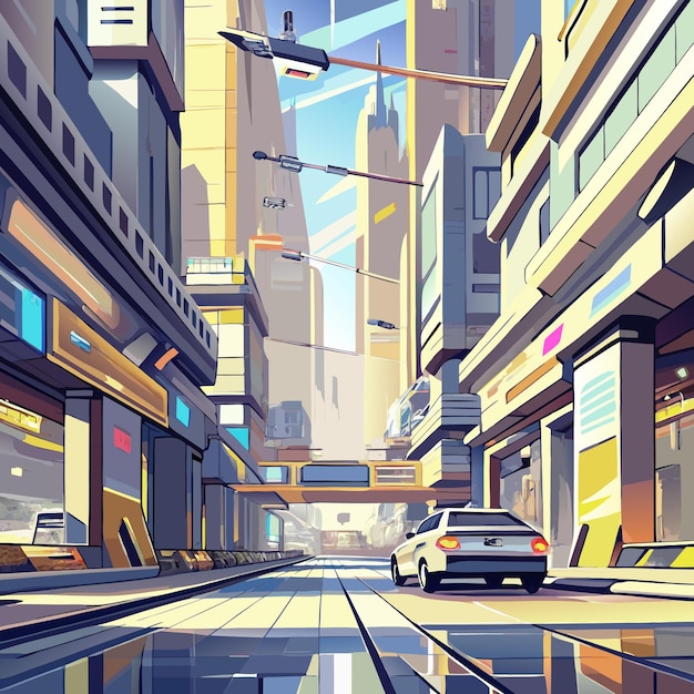 Vector a painting of a city street with a car and a sign that says quot the word quot