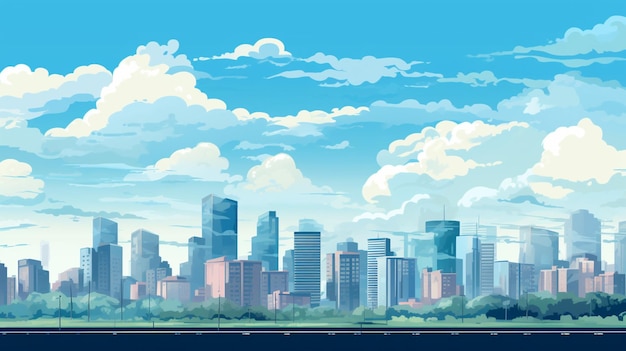 a painting of a city with a blue sky and clouds