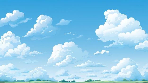 a painting of clouds and a blue sky with a green field and a blue sky with clouds