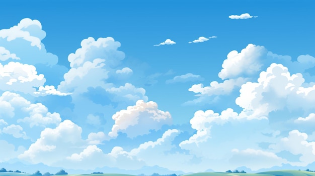 a painting of clouds and a blue sky with a green field and a grassy