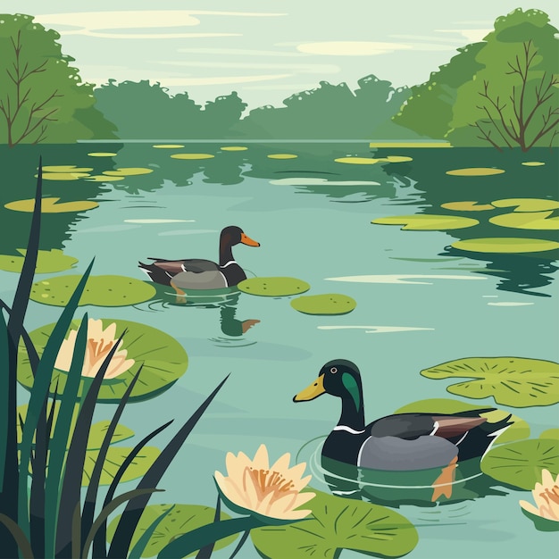 Vector a painting of ducks swimming in a pond with lily pads and trees