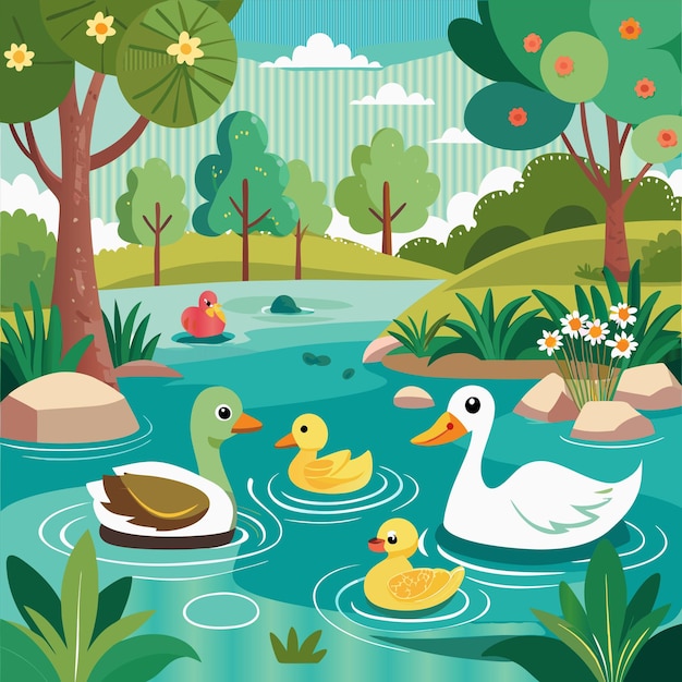 Vector a painting of ducks swimming in a pond with trees in the background