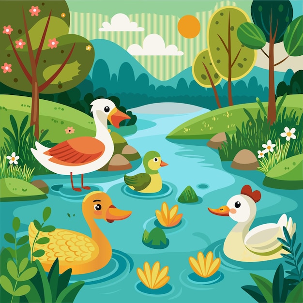 Vector a painting of ducks swimming in a pond with trees and flowers