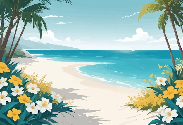 Vector a painting of flowers and the ocean with a view of the beach