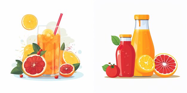 Vector a painting of fruits and vegetables with a bottle of lemonade