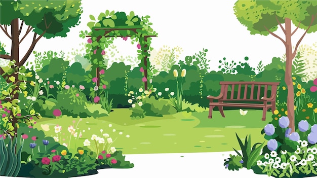 Vector a painting of a garden with a bench and a bench