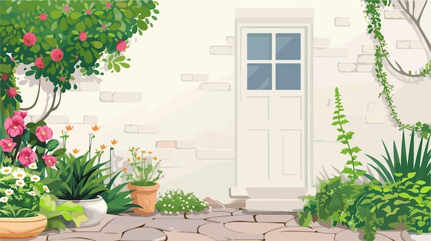 Vector a painting of a garden with flowers and a door