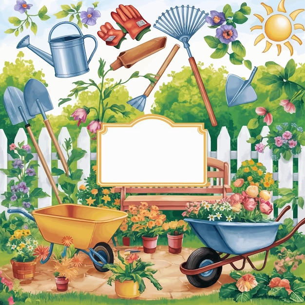 Vector a painting of garden with a garden and a yellow watering can