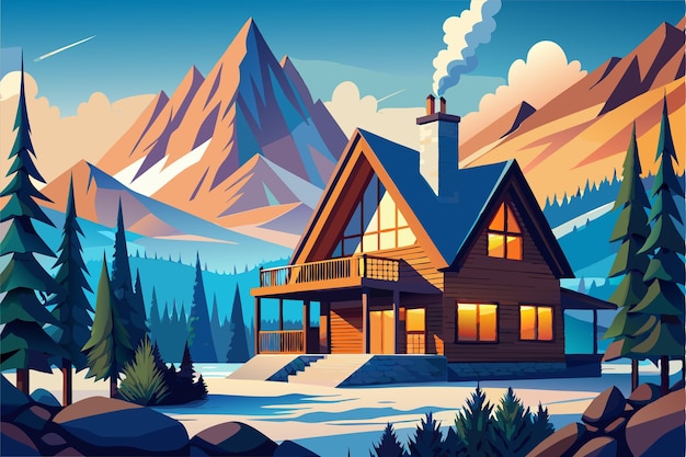 Vector a painting of a house with a chimney and mountains in the background