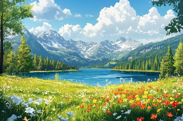 Vector a painting of a lake with flowers and mountains in the background