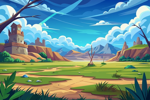 Vector a painting of a landscape with mountains and clouds