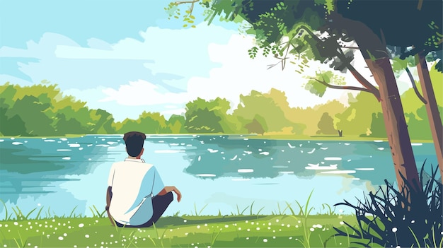 Vector a painting of a man sitting by a lake with a bird flying in the sky