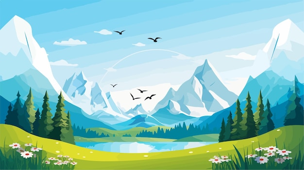 Vector a painting of a mountain with birds flying over it