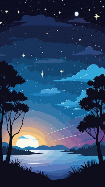 Vector a painting of night sky with moon and stars cartoon drawing artwork vector