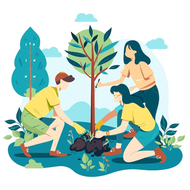 Vector a painting of people working in a garden with a tree and a sign that says people plant