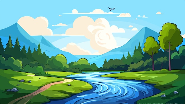 a painting of a river with a river and mountains in the background