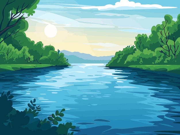 Vector a painting of a river with trees and a lake with a sun in the background